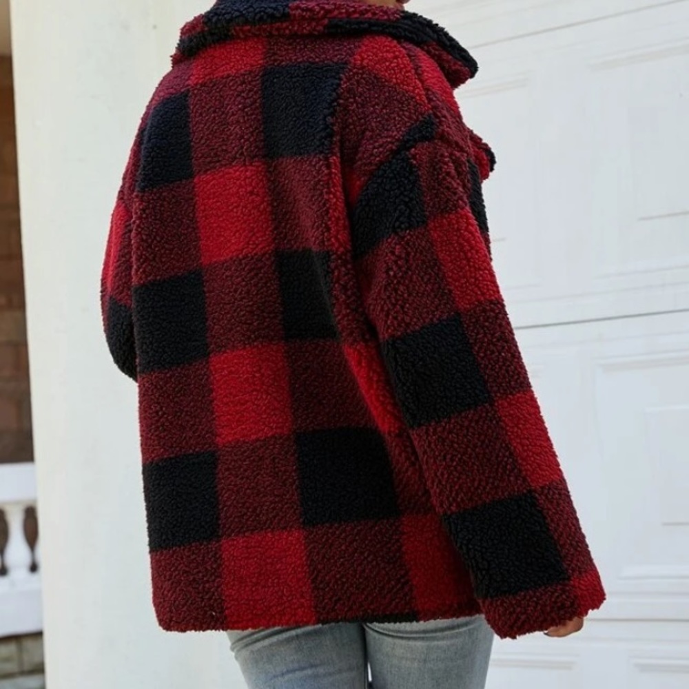 Red Plaid Buffalo Faux Shearling Teddy Coat - Picture 2 of 3